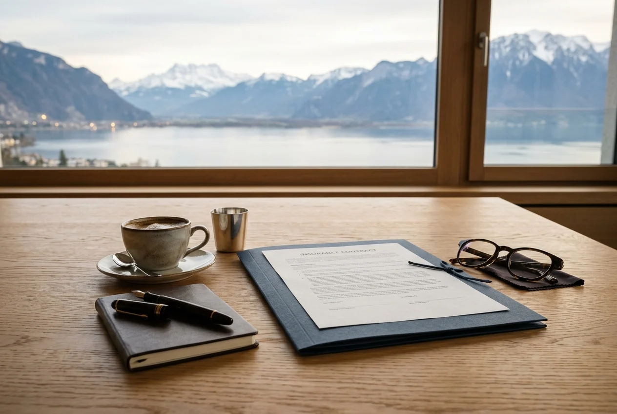 Table de rendez-vous GFS avec un dossier d'assurance, vue sur le Léman et les Alpes